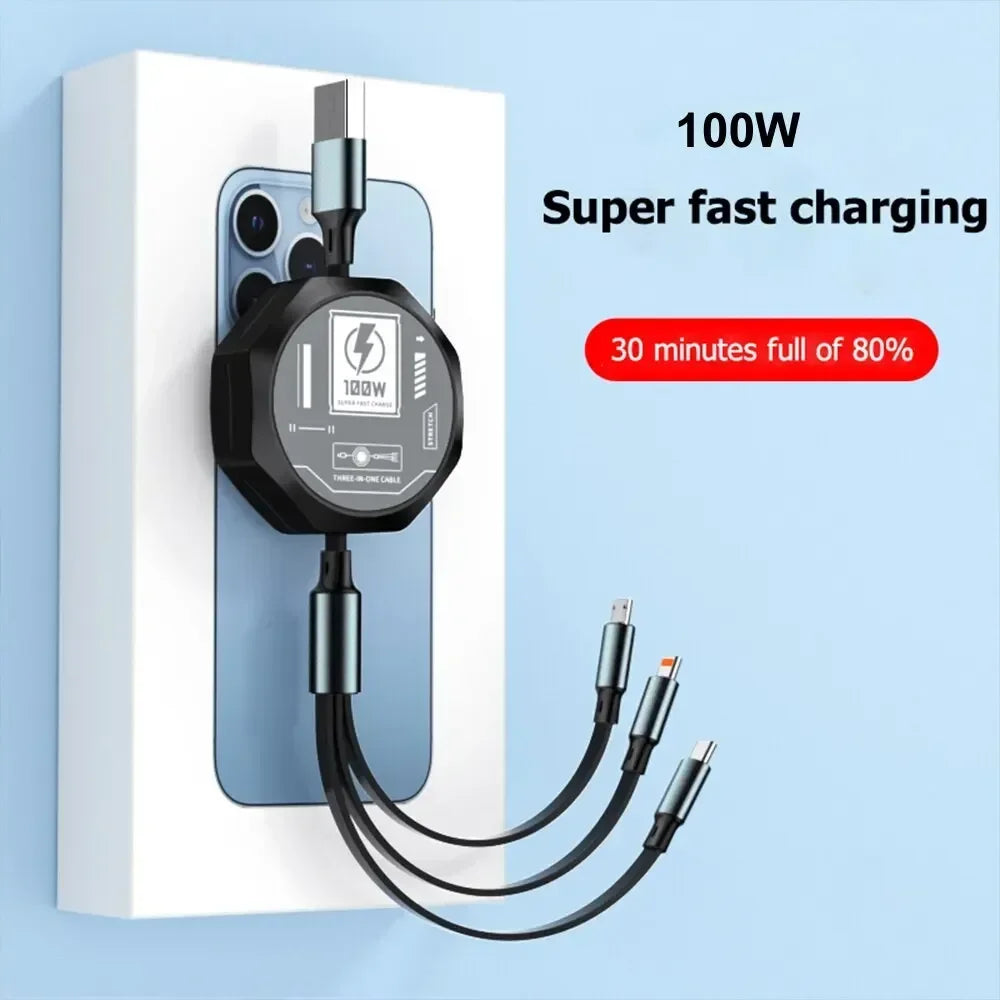 100W 3 In 1 Retractable Usb Cable Fast Charging And Data Micro Usb
