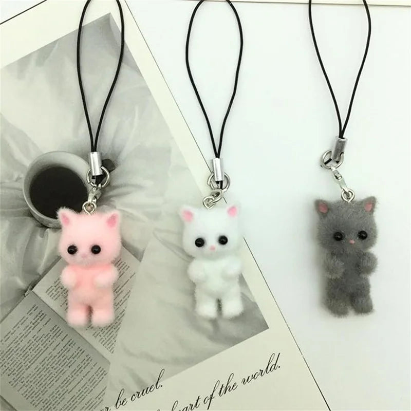 1 Pcs Flocking Fabric 3D Lovely White Black Cat Mobile Phone Charms