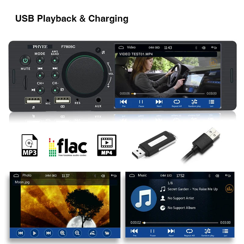 1 Din 4" CarPlay Car Radio Bluetooth Android-Auto MP5 Player Handfree