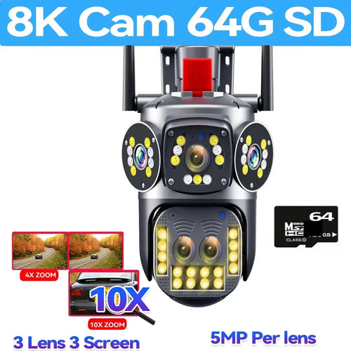 10K UHD WiFi6 IP Camera Outdoor 10X Zoom CCTV Surveillance Cam Four