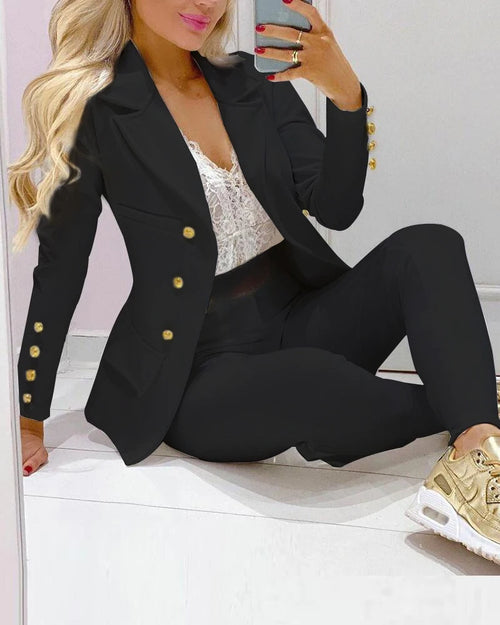 Women Two Pieces Pant Sets Formal Business Double Breasted Blazers