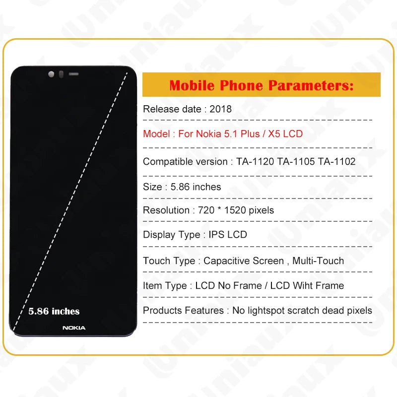 100% Original For Nokia 5.1 Plus LCD Display Touch Screen Assembly For