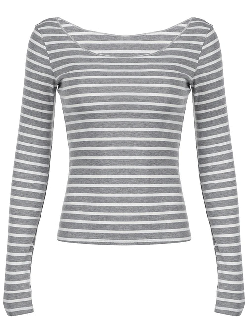 Sweetown Japanese Basic Slim Long Sleeve Stripe Tee Off Shoulder O