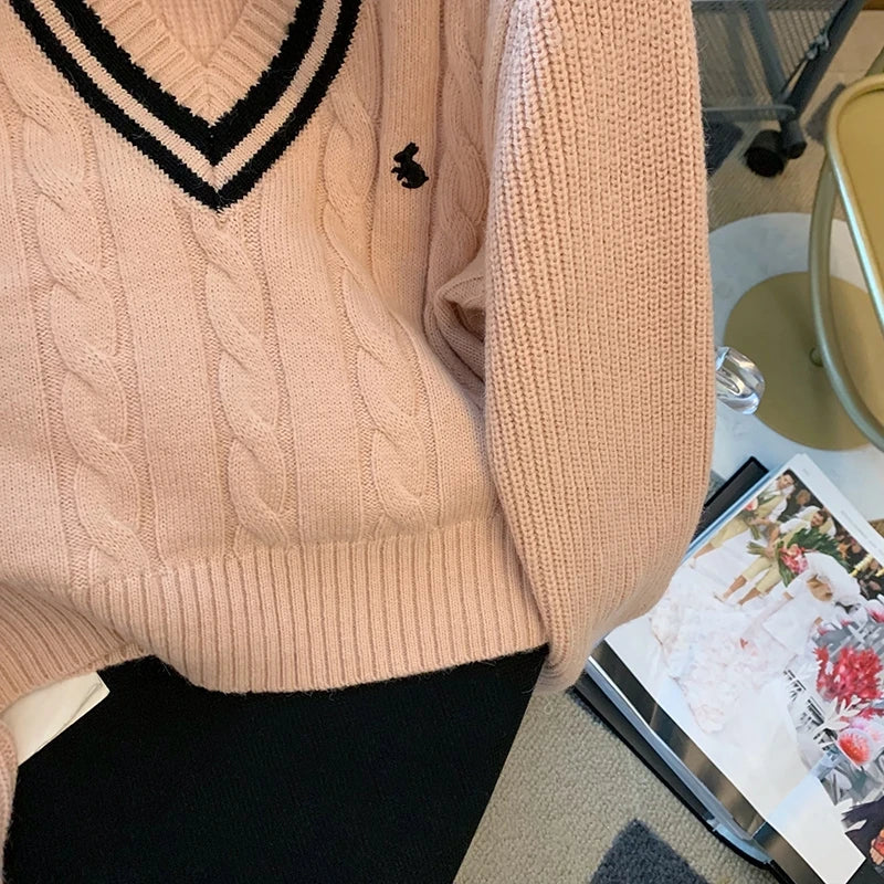 YuooMuoo Korean Fashion Sweaters Women Autumn V-neck Y2K Cartoon