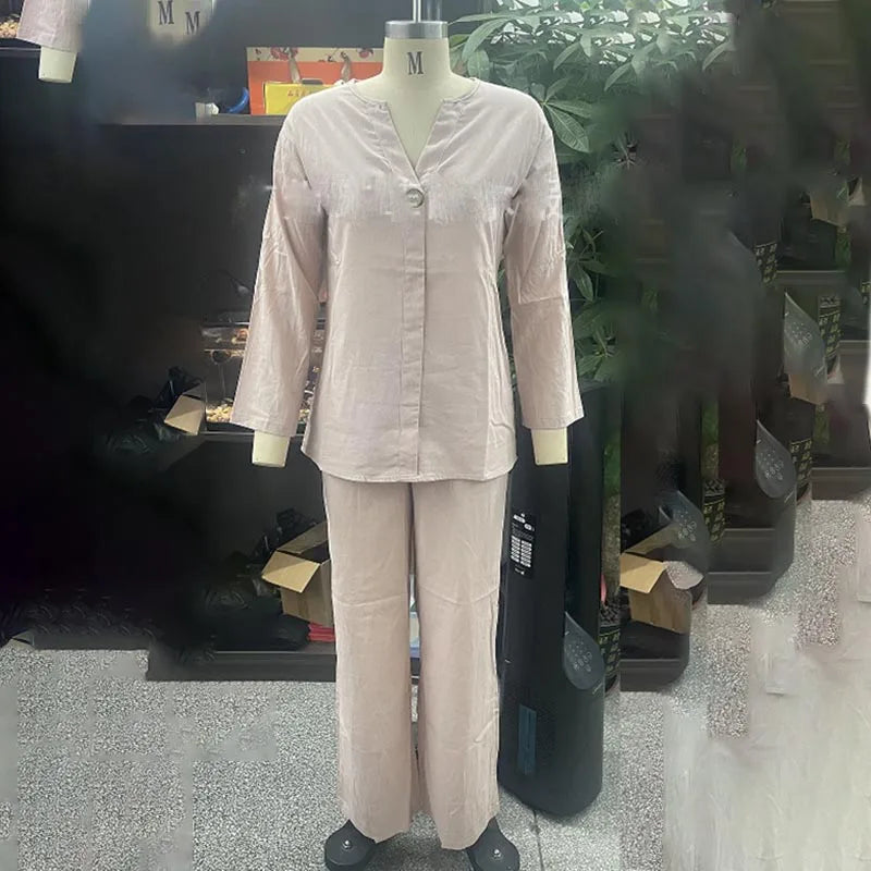Women's Cotton and Linen Pants Suit Casual Solid Color Pullover Pants
