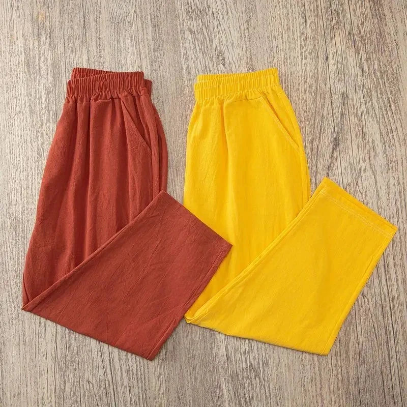 Women Summer Casual Loose Harem Elastic Waist Cotton Linen Pants Ninth