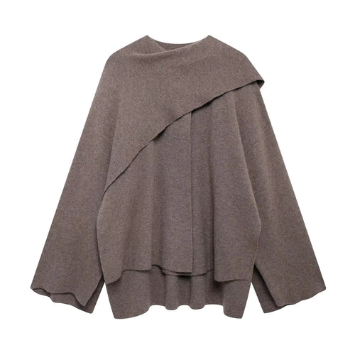 ZBZA Women's Asymmetric Scarf Knitted Jacket O-neck Single Button Side