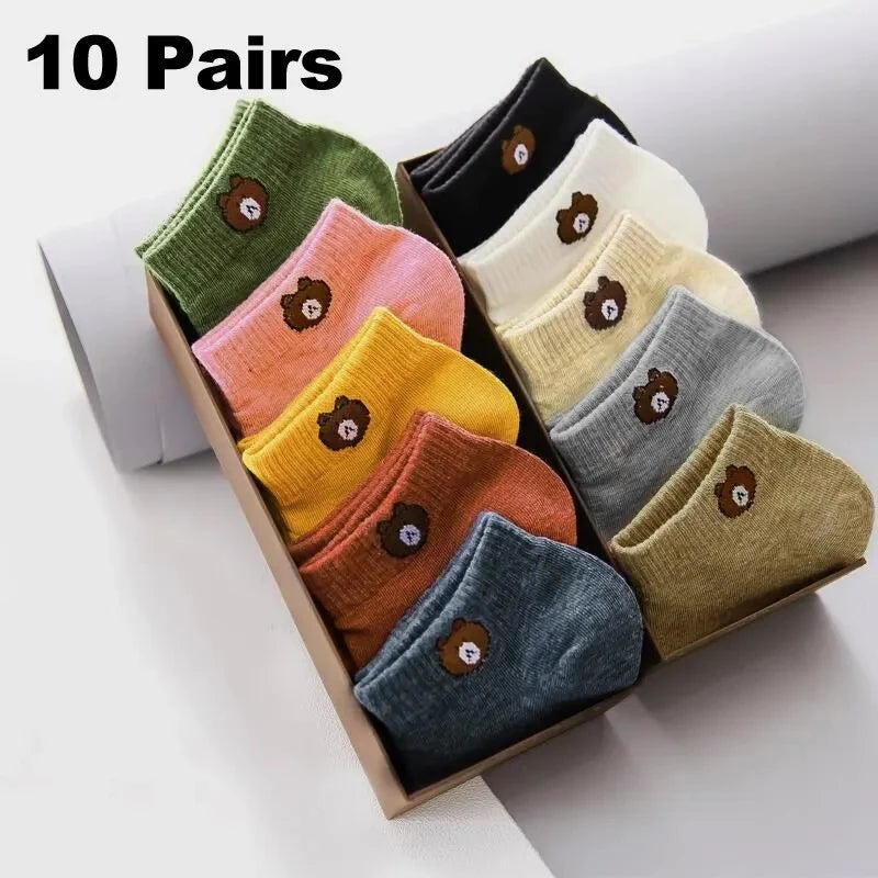 10 Pairs Women Low Socks Set With Cute Bear Pattern Fashionable Women