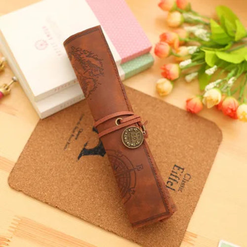 Treasure Map Leather PU Retro Boy Girl Pencil Bag Cosmetic Bag Roll