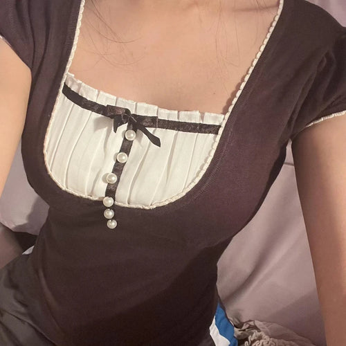 Korean Kawaii Patchwork Women T-shirt Y2K Aesthetic Vintage Milkmaid