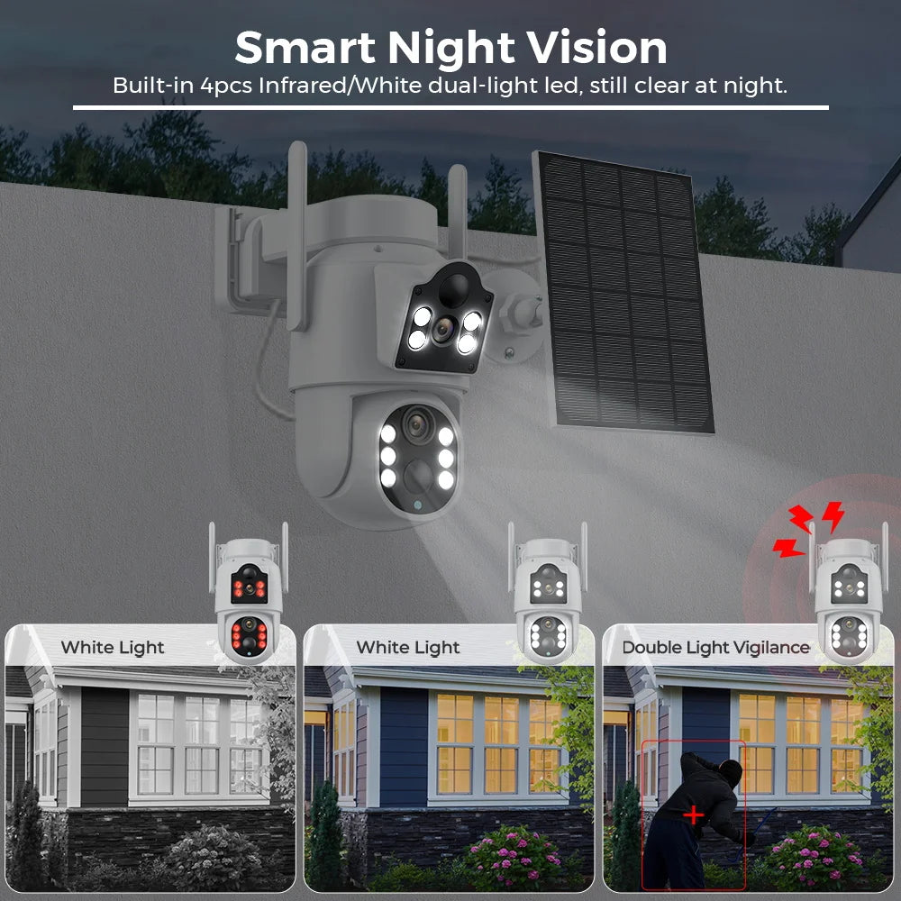 Solar IP Camera WiFi Outdoor Dual Lens PTZ Security Camera 4MP HD