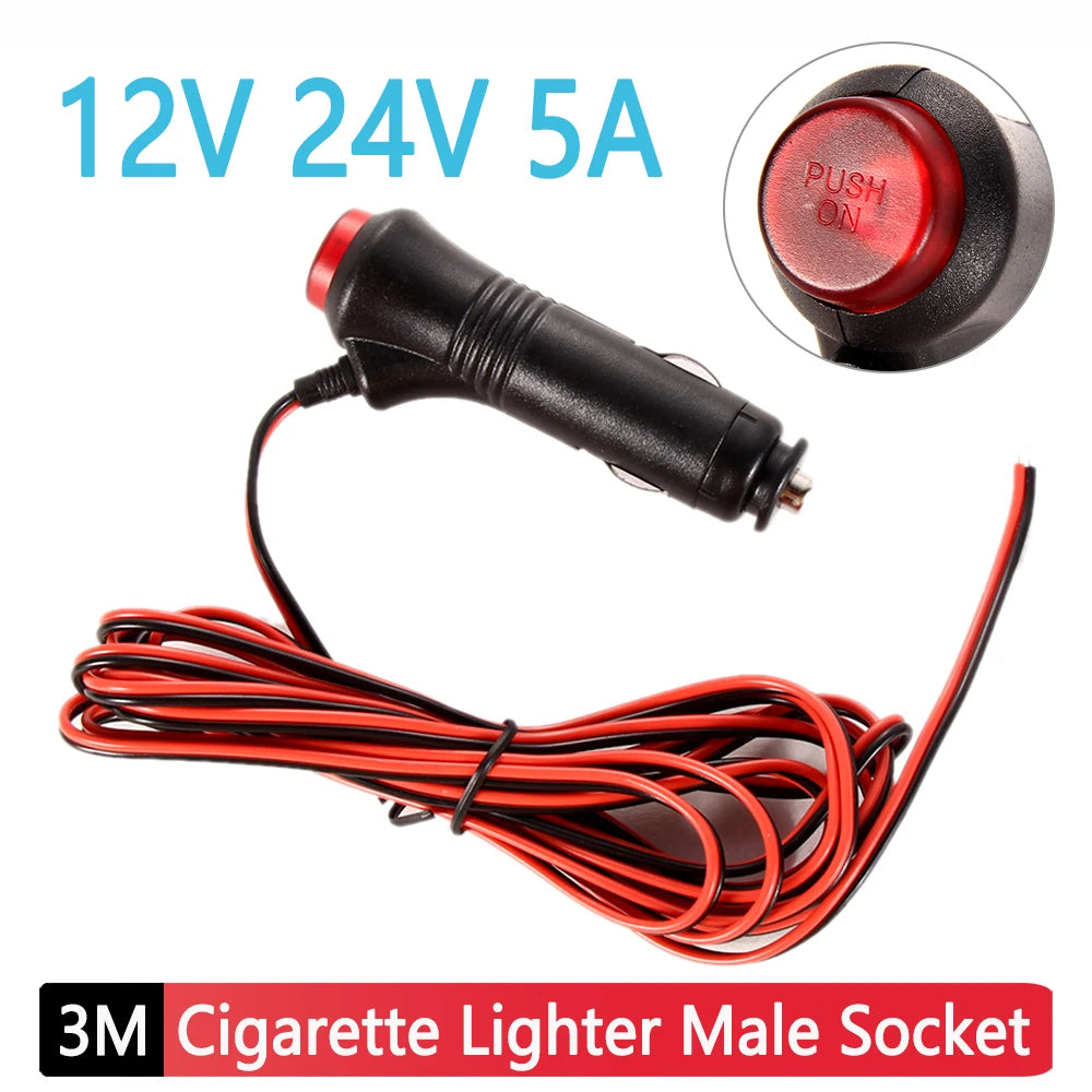 12/24V 3M Copper Lighter Socket Plug Connector Extension Wire Male Car