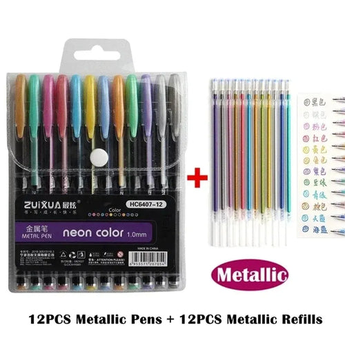 12Pcs Colors Gel Pens and Refills for School Office Coloring Book