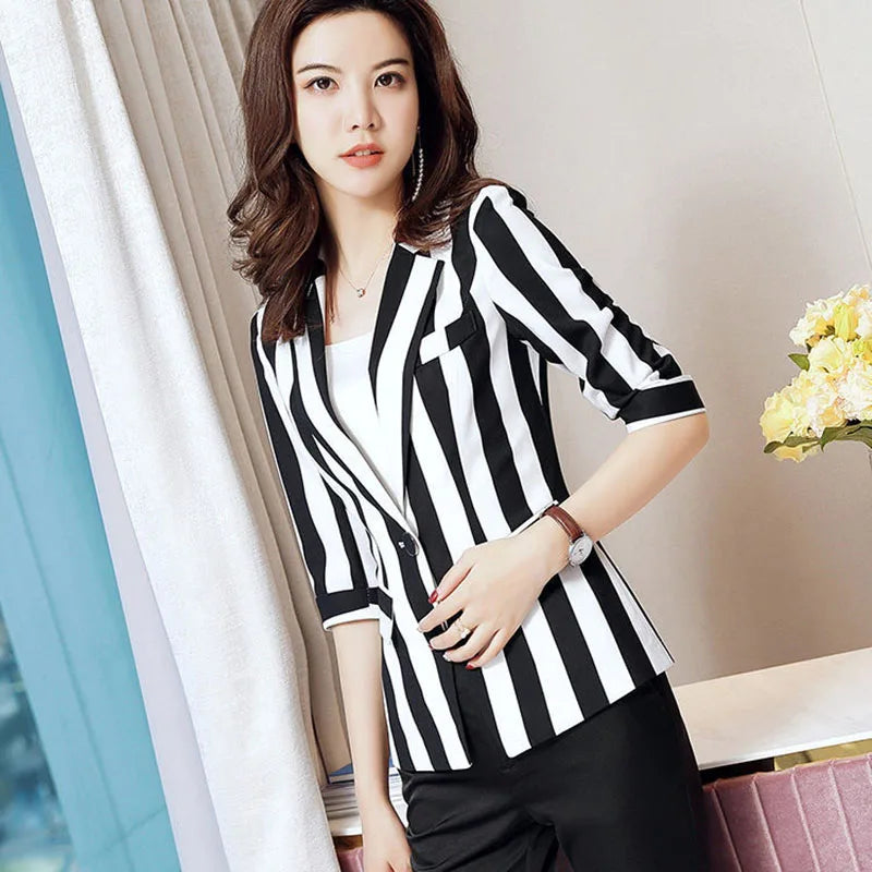 Black and White Striped Small Suit Jacket for Women, Female Blazer,