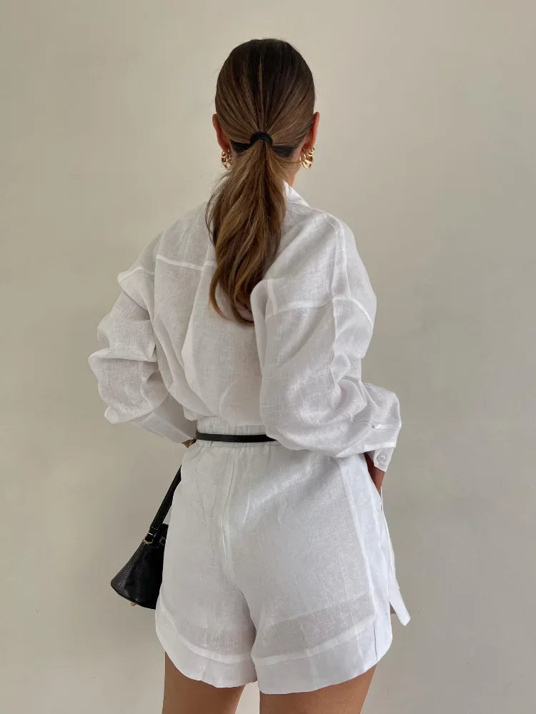 Women White Cotton Linen Single Breasted Shirt High Waist Shorts Suit