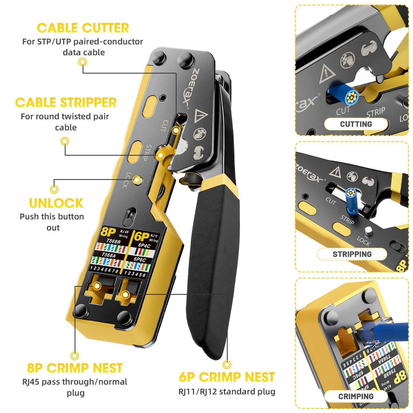 ZoeRax RJ45 Crimp Tool Pass Through Ethernet Crimping Tool for Cat6