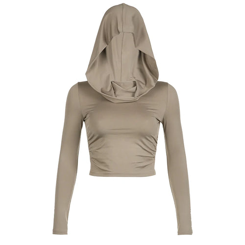 CIBBAR Solid Folds Hooded Crop Top Women Grunge y2k Full Sleeve Skinny
