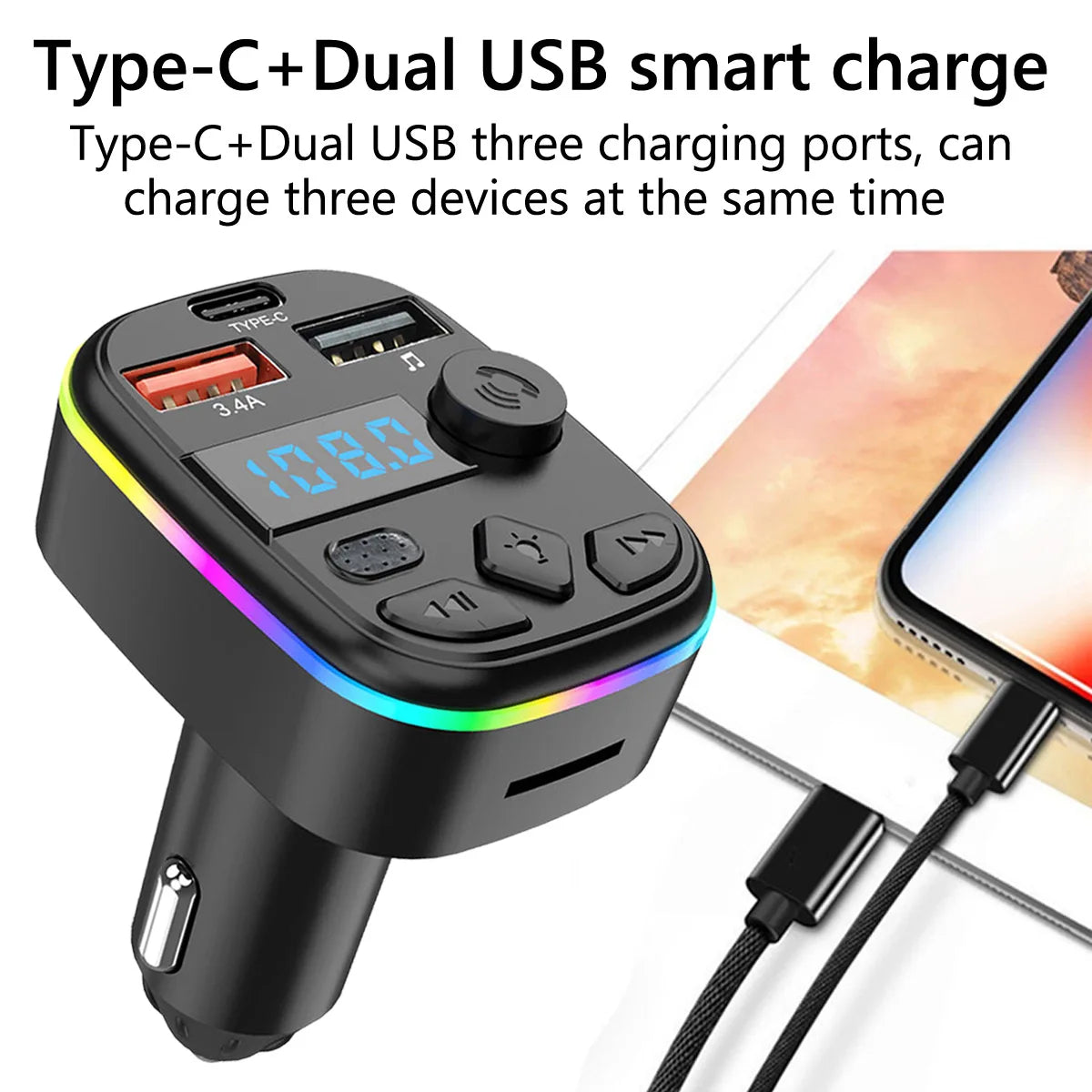 FM Transmitter Support TF Card U Disk Car MP3 Player Dual USB Type C