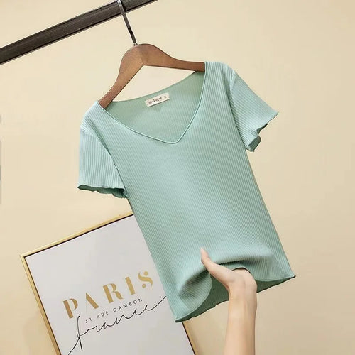 Basic V-neck Solid Thin Summer Pullover Women Female Knitted Ribbed