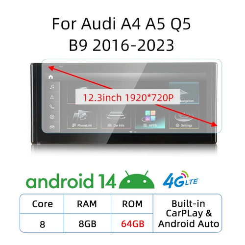 12.3 Android 14 Wireless Carplay Multimedia Stereo For Audi A4 A5 Q5