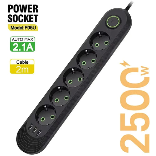 2500W EU Plug AC Outlet Multiprise Power Strip 2M Extension Cord
