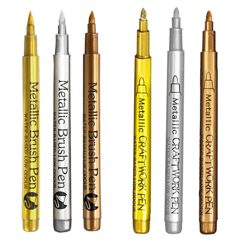 6Pcs Brush Metallic Paint Marker Pens Gold Silver Color Permanent Art