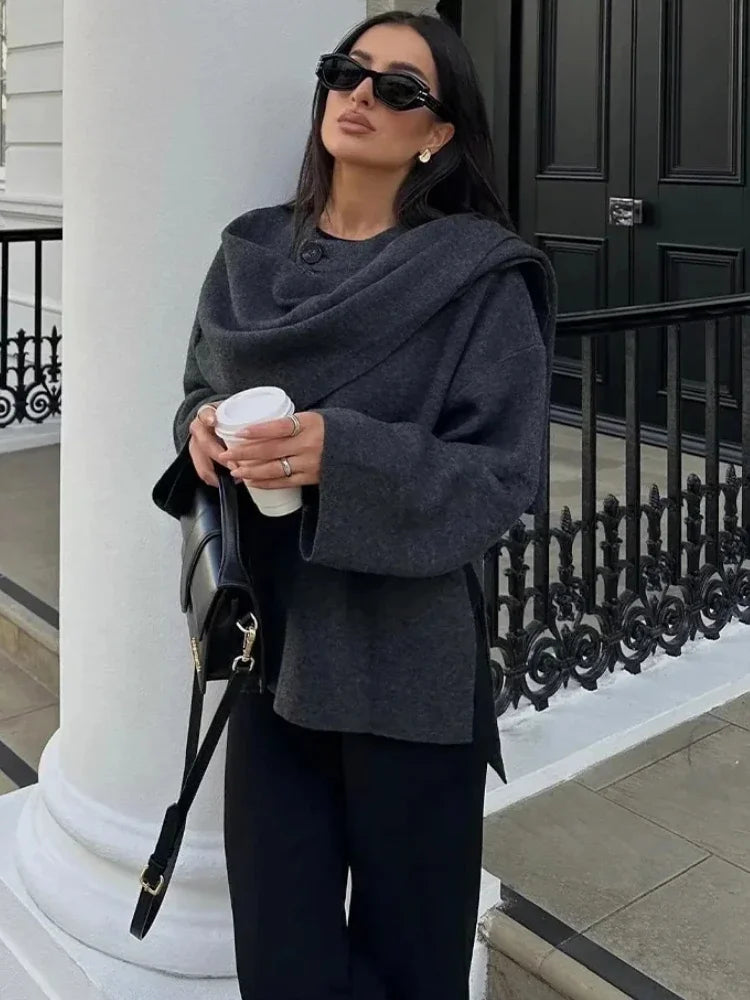 ZBZA Women's Asymmetric Scarf Knitted Jacket O-neck Single Button Side