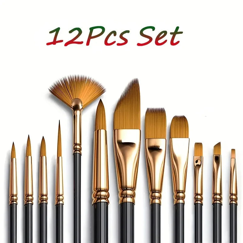 12pcs Nylon Bristle Brush Set Flat Brushes Watercolor Oil Paint For