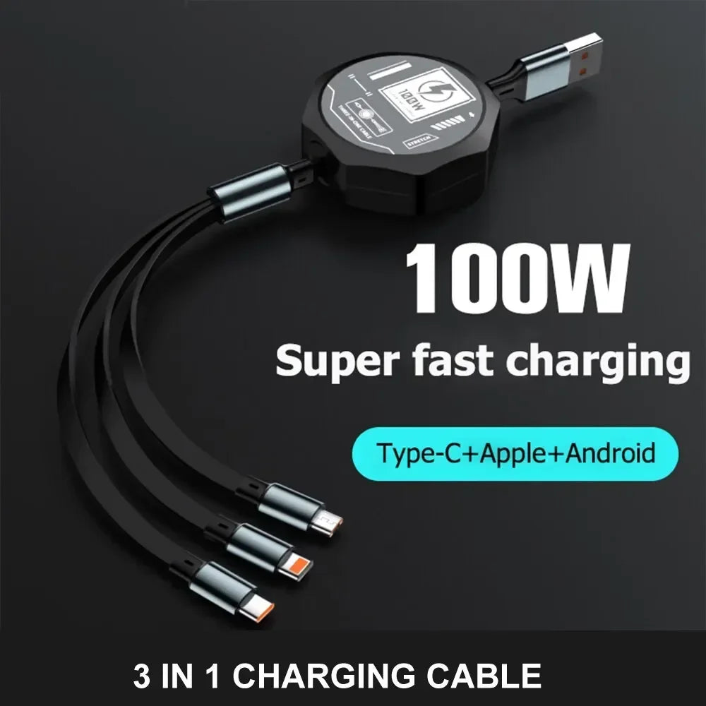 100W 3 In 1 Retractable Usb Cable Fast Charging And Data Micro Usb