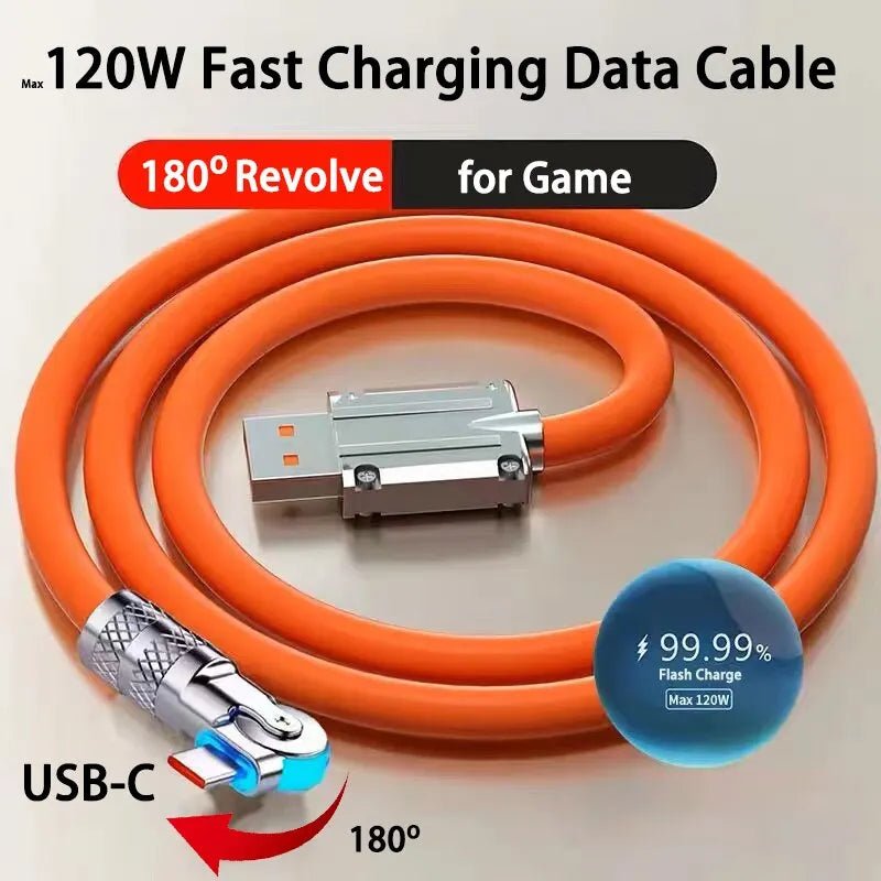 120W 7A Fast Charge USB Type C Cable 180 Degree Rotation Elbow Cable