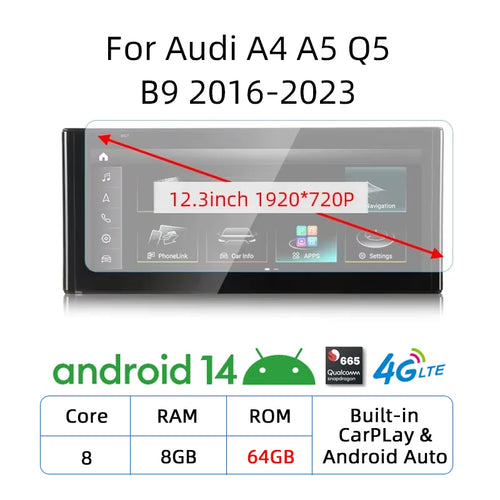 12.3 Android 14 Wireless Carplay Multimedia Stereo For Audi A4 A5 Q5