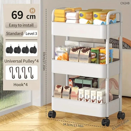 1 PC 3-Layer Rolling Plastic Storage Cart with Armrests -