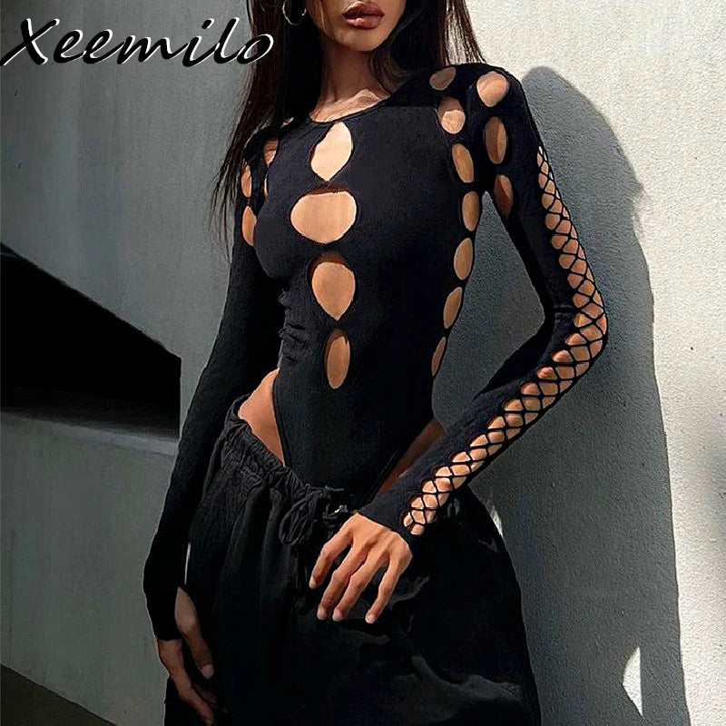 Xeemilo Sexy Dot Hollow Out Bodysuit Y2K Gothic Punk Long Sleeves