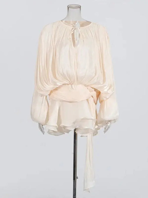 TWOTWINSTYLE Solid Blouse Mini Dresses For Women V Neck Long Sleeve