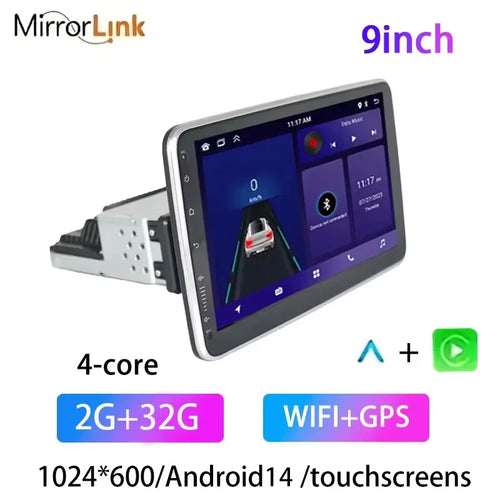 1din Android14 9/10inch Car Stereo Radio Rotate Touch Screen For