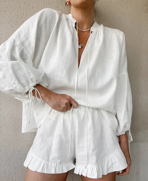Women White Cotton Linen Single Breasted Shirt High Waist Shorts Suit