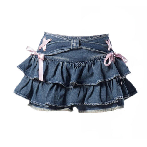 Mini Denim Skirts Women Hot Girls Sweet Kawaii Bow Vintage Y2k Clothes