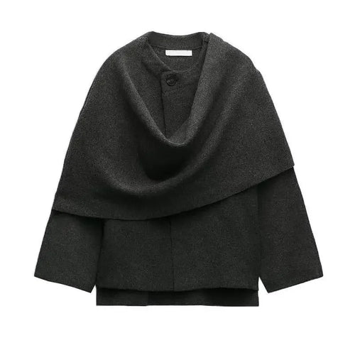 ZBZA Women's Asymmetric Scarf Knitted Jacket O-neck Single Button Side