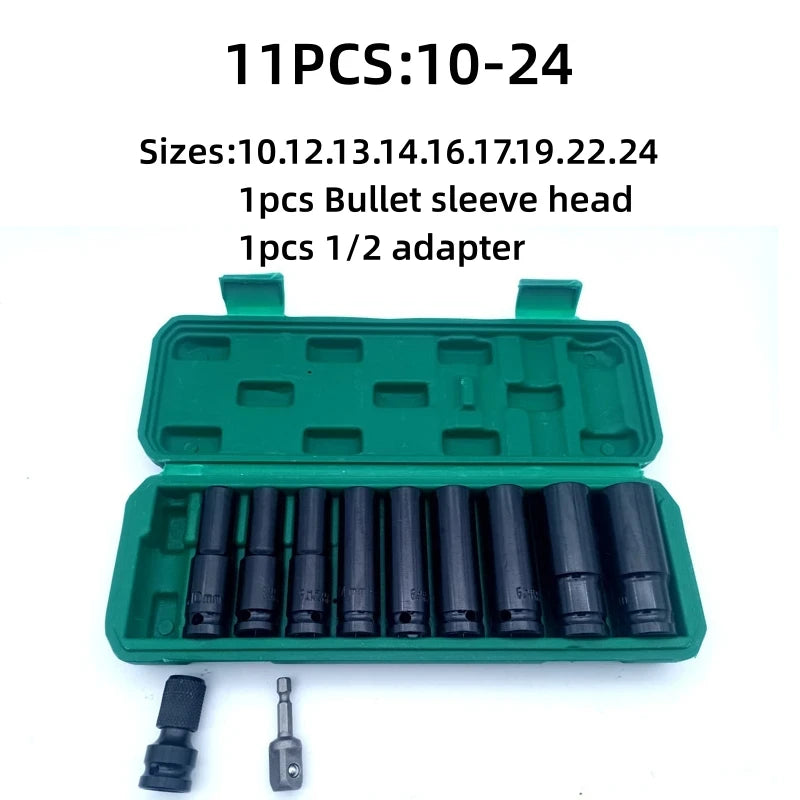 10pcs 1/2" Drive Deep Impact Socket Set Drive Metric Wrench Socket