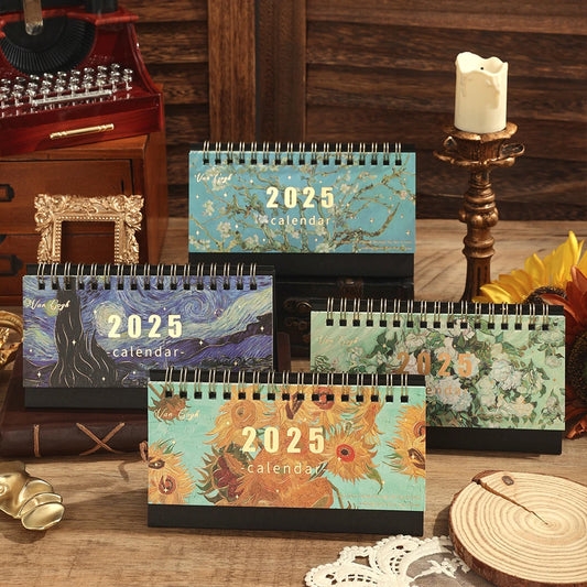 1 pc 2025 Vintage Painting Coil Desk Calendar With Memo Notes Tabletop