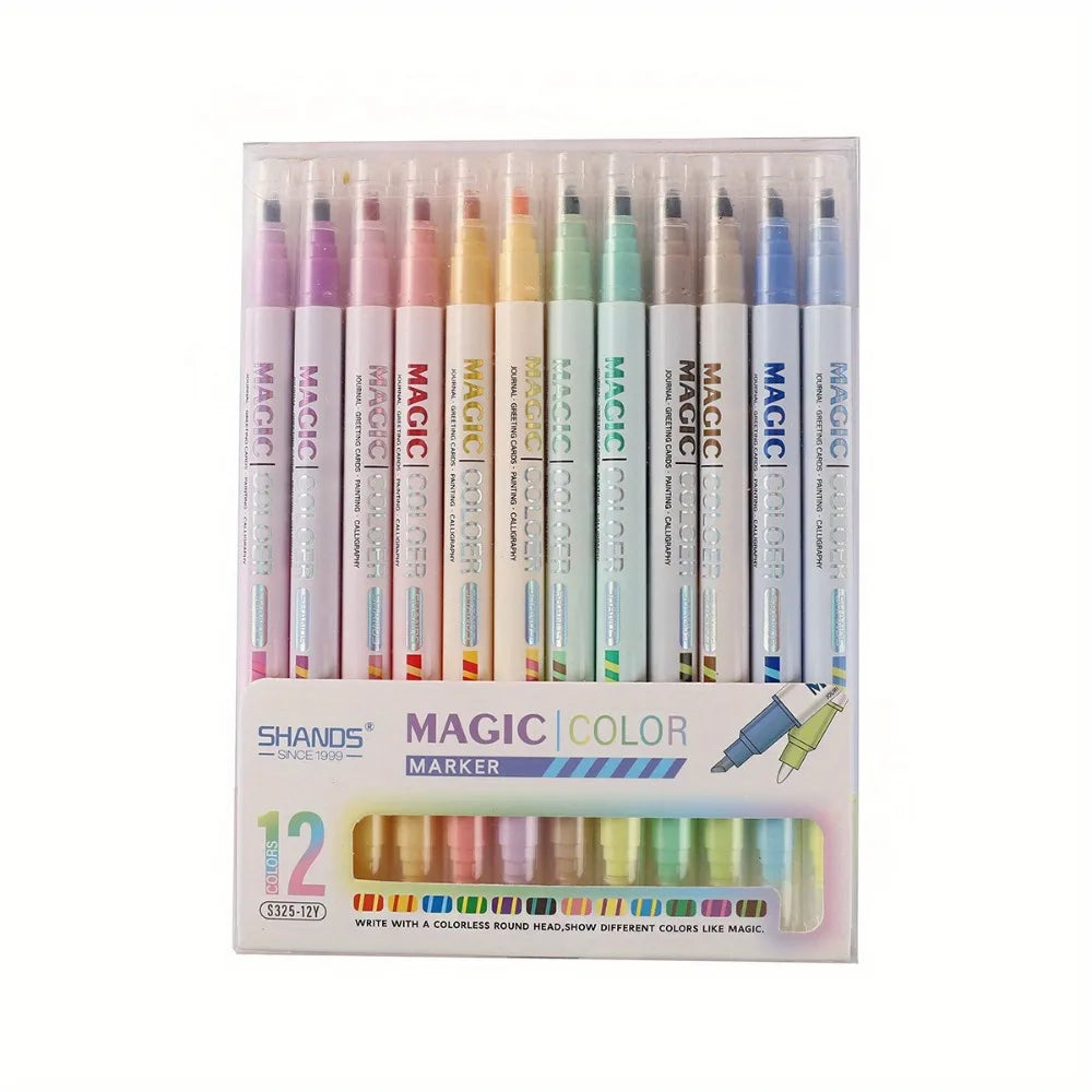 12pcs Double-ended Magic Color Marker Pen Changing Highlighter Pen Set