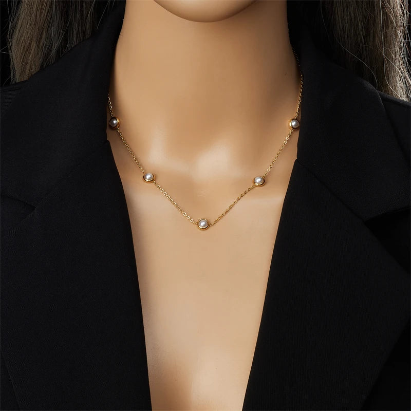 DIEYURO 316L Stainless Steel Round White Pearl Necklace Bracelet