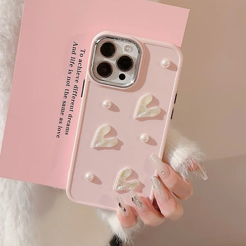 3D Cute Flower Pearl Heart Phone Case for iPhone 16 15 14 13 12 11 Pro