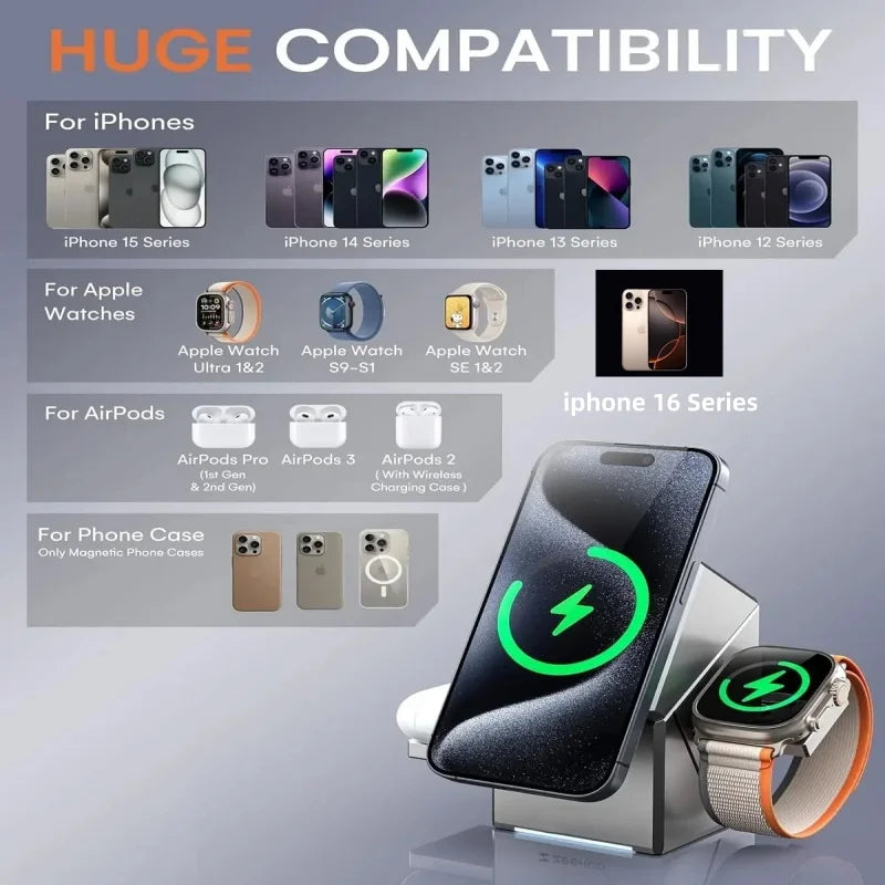 15W Qi2 3 In 1 Magsafe Magnetic Autorotation Quick Wireless Charger