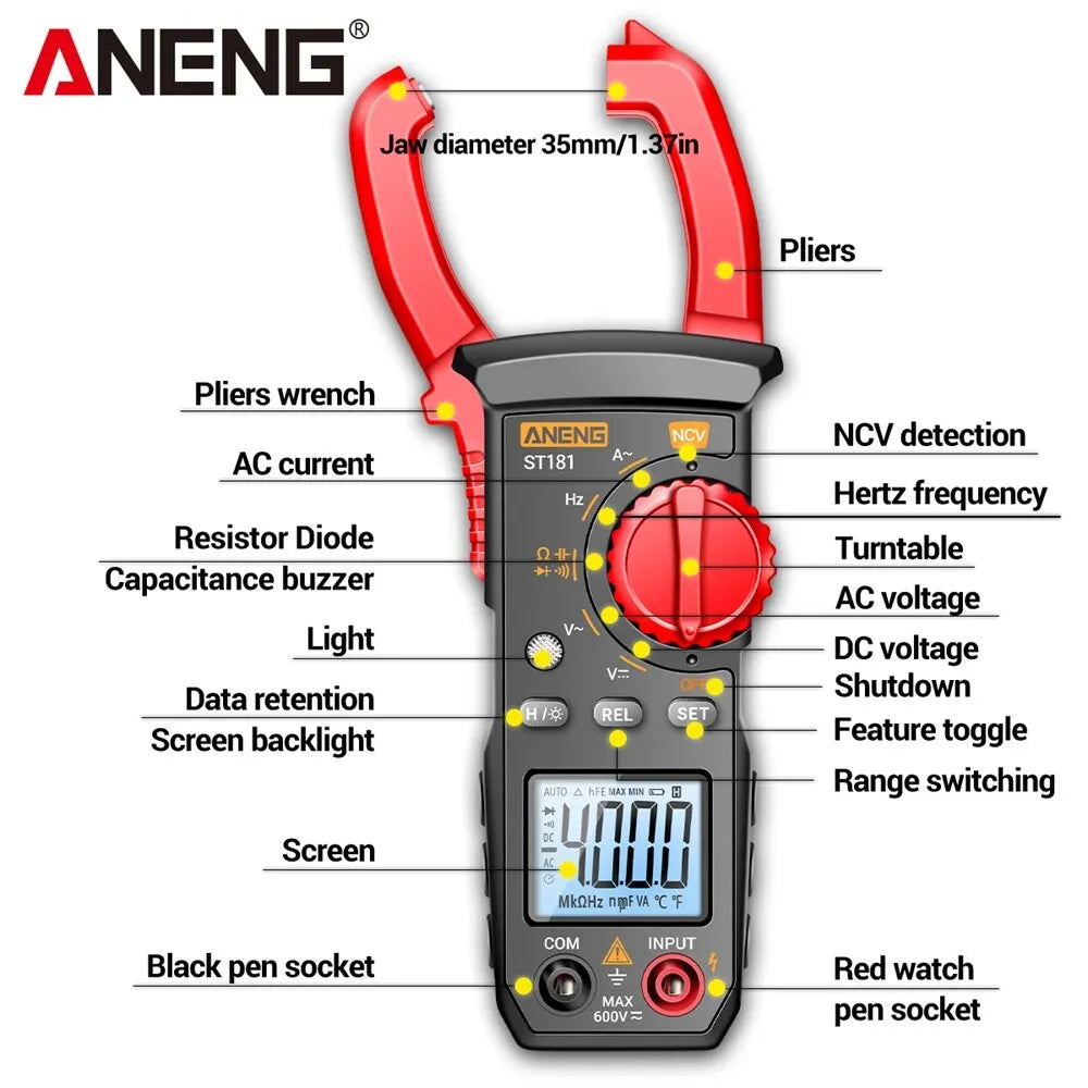 ANENG ST181 Clamp Meter 4000 Counts Current Ammeter Tester Digital