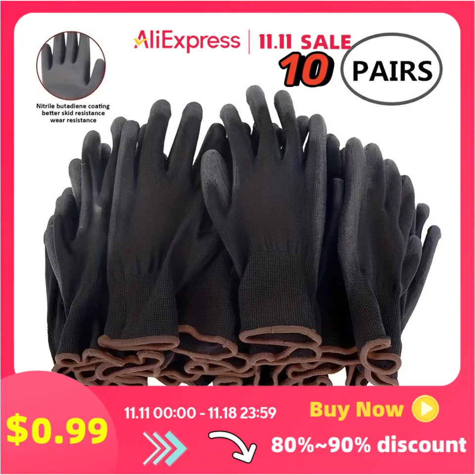 10 Pairs Durable Safety Gloves - Anti-Slip, Wear-Resistant, ESD