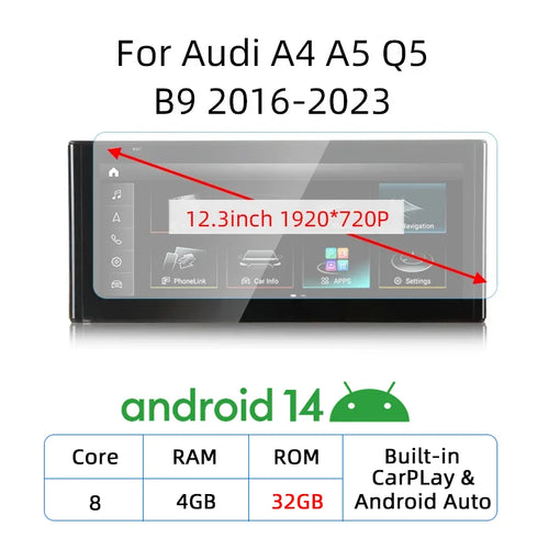 12.3 Android 14 Wireless Carplay Multimedia Stereo For Audi A4 A5 Q5