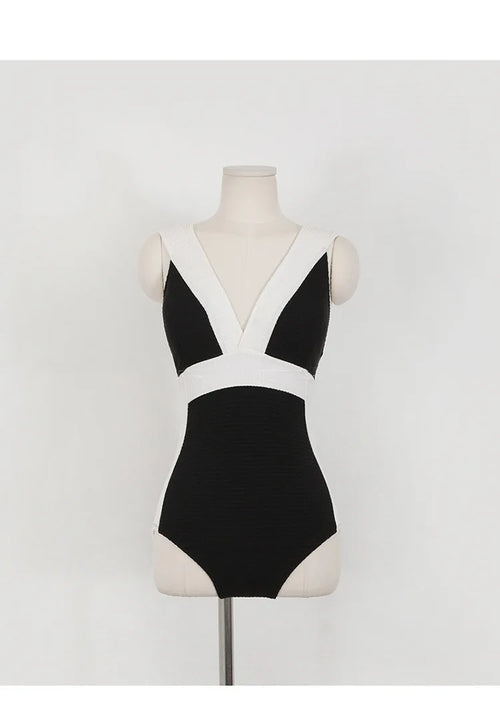Sexy V-Neck Chic Swimwear 2023 Women Black and White Patchwork Push Up