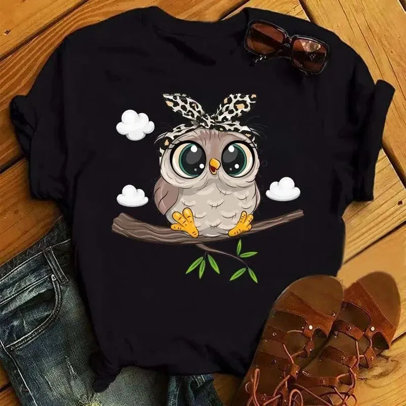 Cartoon Owl Print T Shirt Women Kawaii Graphic Shirts Casual Short