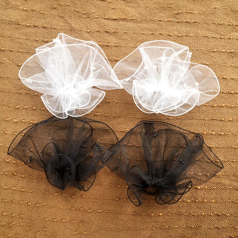 1Pair Detachable Cuffs Pearl Lace Mesh Fake Flared Sleeves Women